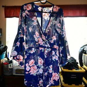 Jacaranda Dark Blue & Pink Floral 3/4 Sleeve Shorts Romper Size S
